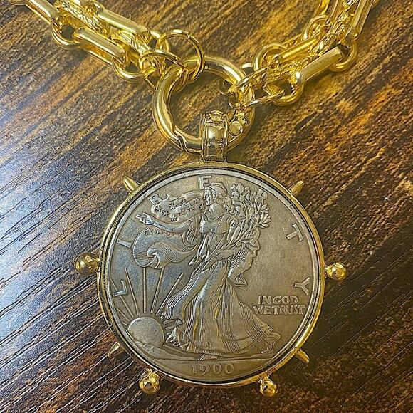 Gold Walking Liberty Coin Statement Necklace Large Chunky 1900 Liberty Coin - Picture 3 of 5